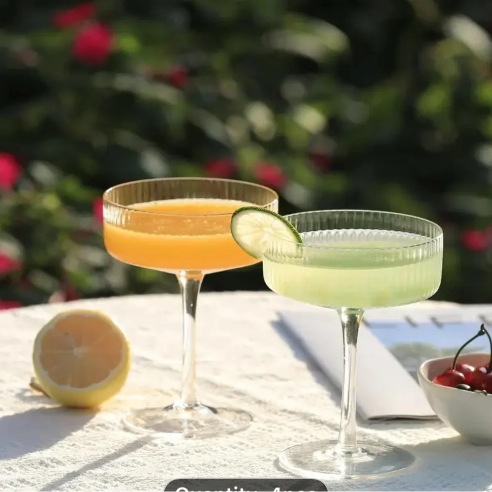 Elegant Ribbed Coupe Glasses - Set of 4 in Blue, Yellow, Pink, and Green
